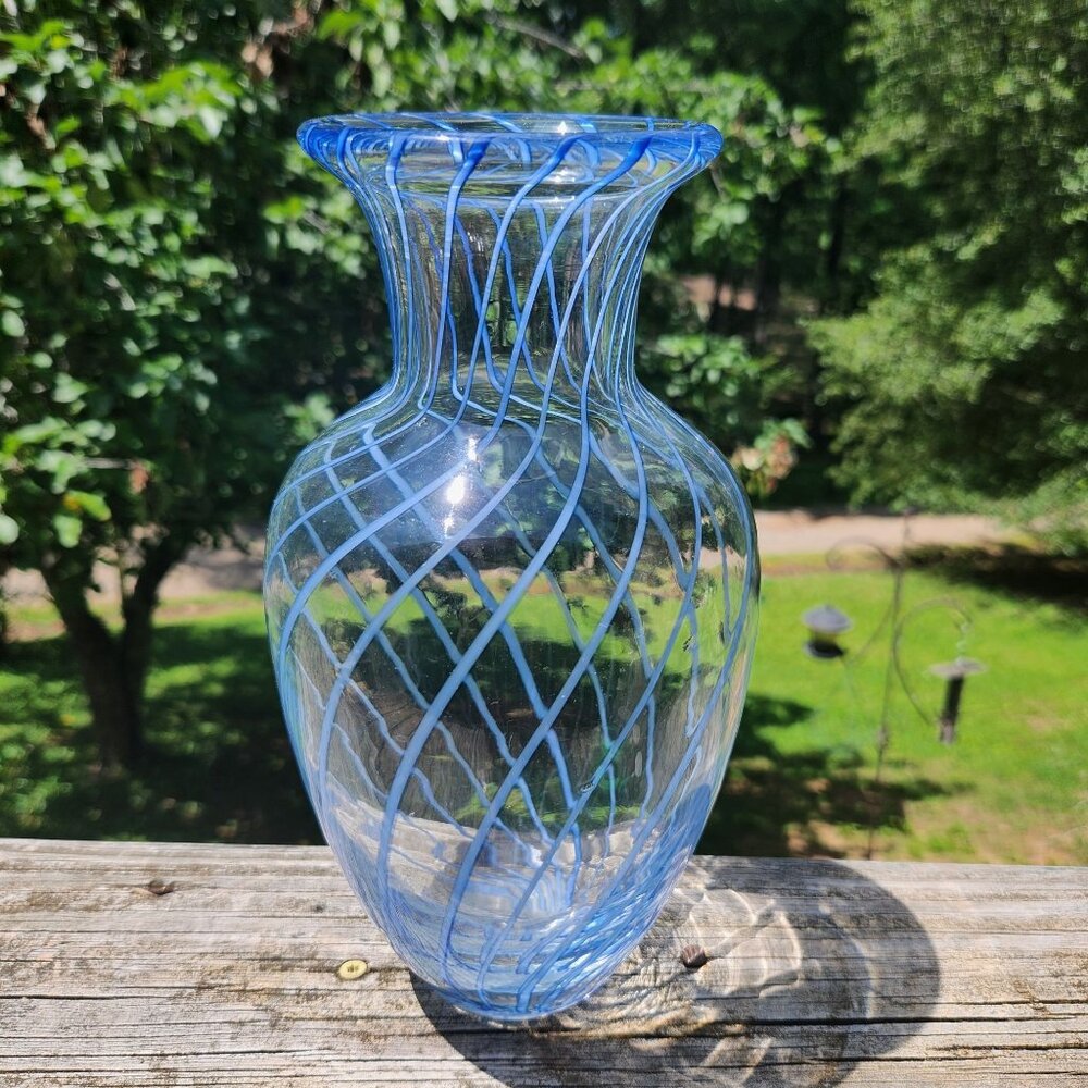 Large Hand Blown Art Glass Vase Blue Ribbon Swirl 10.5" Tall Murano Style Vintag